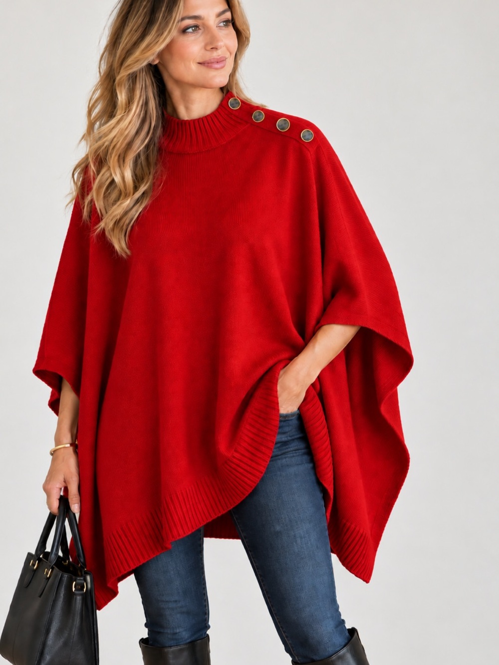 J.Crew Red Button Neck Knit Poncho Sweater Shoulder Buttons